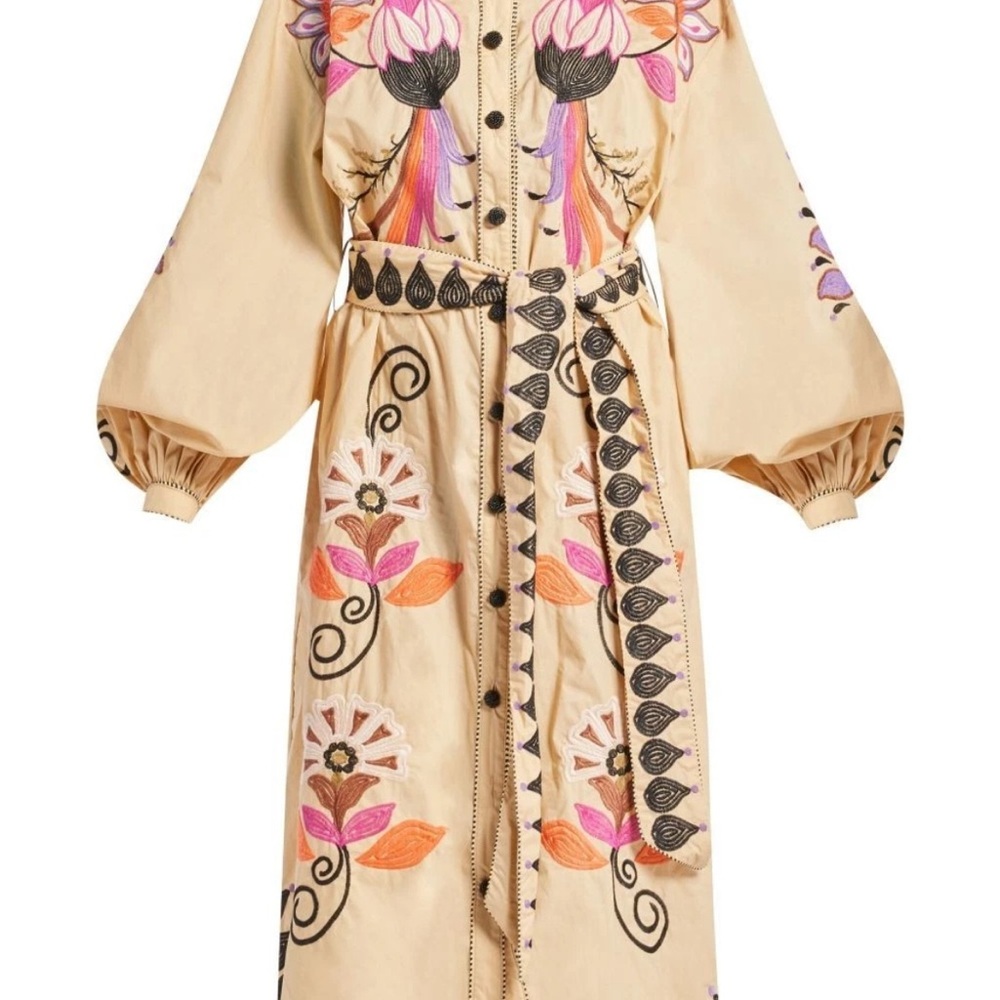 Farm Rio Embroidered Floral Beige Maxi Dress
